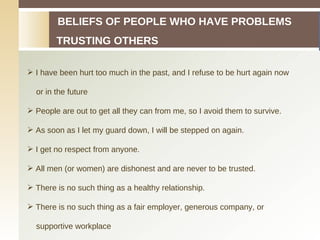 BELIEFS OF PEOPLE WHO HAVE PROBLEMS TRUSTING OTHERS I have been hurt too much in the past, and I refuse to be hurt again now  or in the future People are out to get all they can from me, so I avoid them to survive. As soon as I let my guard down, I will be stepped on again. I get no respect from anyone. All men (or women) are dishonest and are never to be trusted. There is no such thing as a healthy relationship. There is no such thing as a fair employer, generous company, or  supportive workplace 