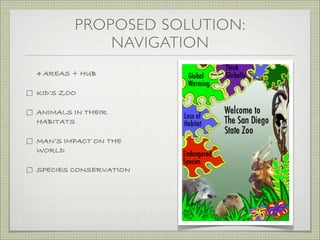 PROPOSED SOLUTION:
            NAVIGATION
4 AREAS + HUB

KID’S ZOO

ANIMALS IN THEIR
HABITATS

MAN’S IMPACT ON THE
WORLD

...
