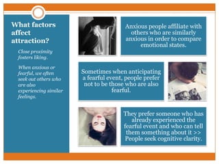 What factors
affect
attraction?
•

Close proximity
fosters liking.

•

When anxious or
fearful, we often
seek out others who
are also
experiencing similar
feelings.

Anxious people affiliate with
others who are similarly
anxious in order to compare
emotional states.

Sometimes when anticipating
a fearful event, people prefer
not to be those who are also
fearful.

They prefer someone who has
already experienced the
fearful event and who can tell
them something about it >>
People seek cognitive clarity.

 