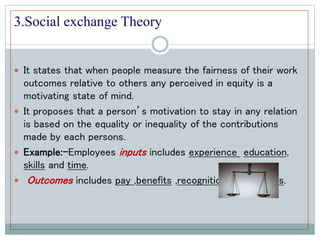 3.Social exchange Theory
 It states that when people measure the fairness of their work
outcomes relative to others any perceived in equity is a
motivating state of mind.
 It proposes that a person’s motivation to stay in any relation
is based on the equality or inequality of the contributions
made by each persons.
 Example:-Employees inputs includes experience education,
skills and time.
 Outcomes includes pay ,benefits ,recognition and rewards.
 