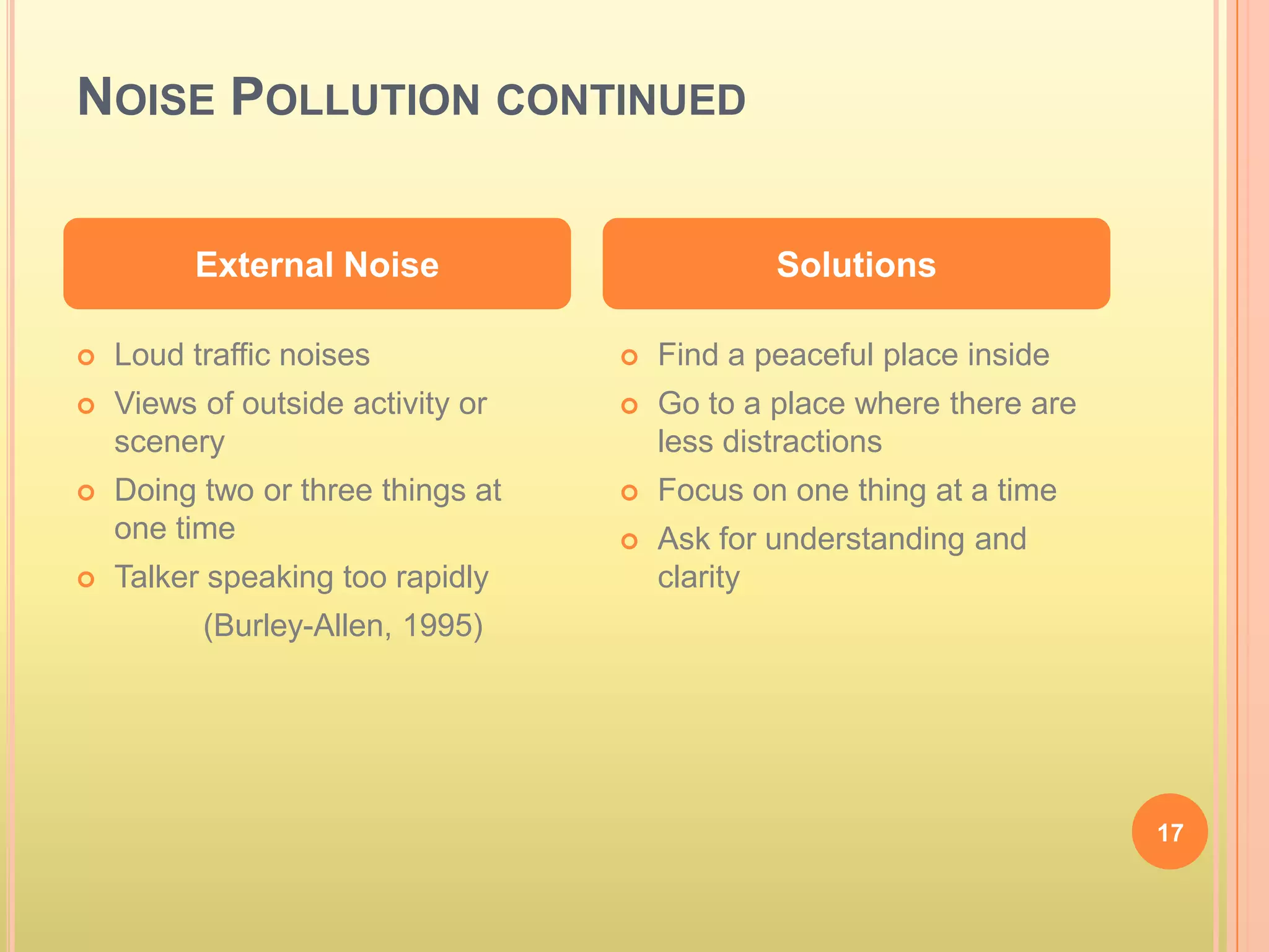 NOISE POLLUTION CONTINUED


          External Noise                       Solutions

   Loud traffic noises               Find a peaceful place inside
   Views of outside activity or      Go to a place where there are
    scenery                            less distractions
   Doing two or three things at      Focus on one thing at a time
    one time                          Ask for understanding and
   Talker speaking too rapidly        clarity
          (Burley-Allen, 1995)




                                                                       17
 