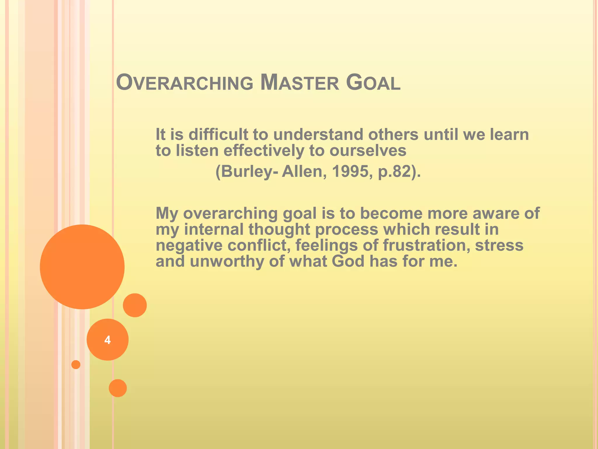 OVERARCHING MASTER GOAL

       It is difficult to understand others until we learn
       to listen effectively to ourselves
                 (Burley- Allen, 1995, p.82).

       My overarching goal is to become more aware of
       my internal thought process which result in
       negative conflict, feelings of frustration, stress
       and unworthy of what God has for me.



4
 
