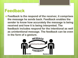 Feedback
 Feedback is the respond of the receiver, it comprises
the message he sends back. Feedback enables the
sender to know how accurately the message is being
received and how it is being interpreted. The
feedback includes respond for the intentional as well
as unintentional message. The feedback can be even
in the form of a gesture.
 
