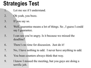 Strategies Test
1. Let me see if I understand.
2. Oh yeah, you bozo.
3. If you say so.
4. Well, guarantee means a lot of things. So , I guess I could
say I guarantee.
5. I can see you’re angry. Is it because we missed the
deadline?
6. There’s no time for discussion. Just do it!
7. No, I have nothing to add. I never have anything to add.
8. You bean counters always think that way.
9. I know I missed the meeting, but you guys are doing a
terrific job.
 