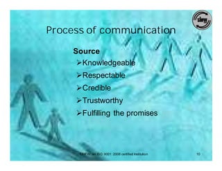Process of communication

    Source
     ØKnowledgeable
     ØRespectable
     ØCredible
     ØTrustworthy
     ØFulfilling the promises




      SIHFW: an ISO 9001: 2008 certified Institution   10
 