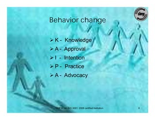 Behavior change

Ø K - Knowledge
Ø A - Approval
Ø I - Intention
Ø P - Practice
Ø A - Advocacy




  SIHFW: an ISO 9001: 2008 certified Institution   6
 