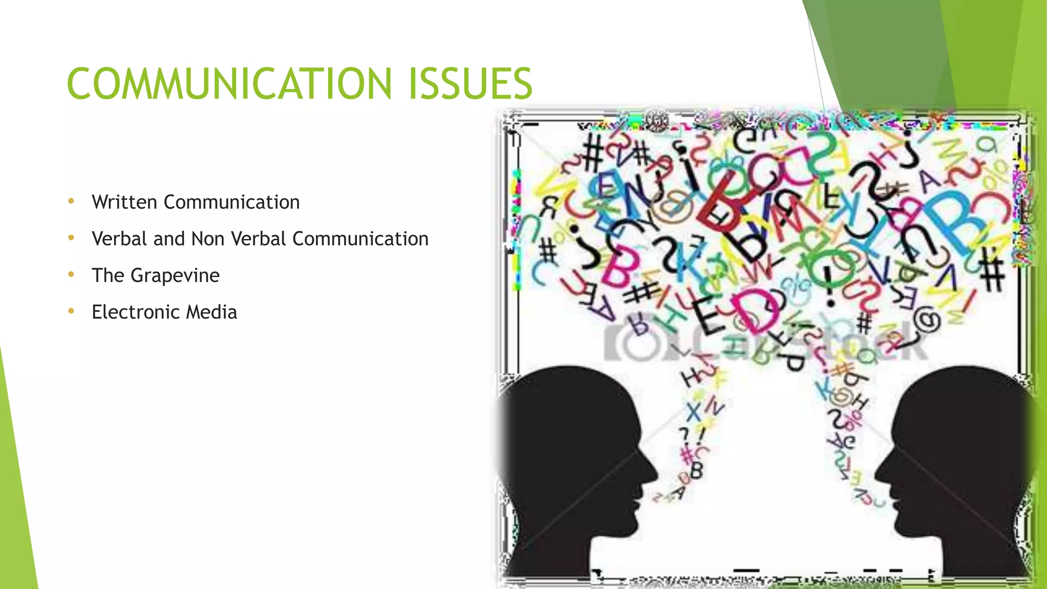 COMMUNICATION ISSUES
• Written Communication
• Verbal and Non Verbal Communication
• The Grapevine
• Electronic Media
 