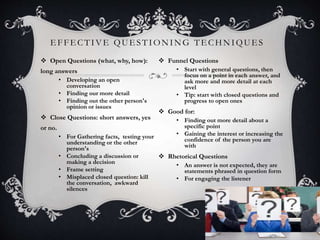 E FFE CTIVE QUE STIONING TE CHNIQUES
8
 Open Questions (what, why, how):
long answers
• Developing an open
conversation
• Finding our more detail
• Finding out the other person's
opinion or issues
 Close Questions: short answers, yes
or no.
• For Gathering facts, testing your
understanding or the other
person's
• Concluding a discussion or
making a decision
• Frame setting
• Misplaced closed question: kill
the conversation, awkward
silences
 Funnel Questions
• Start with general questions, then
focus on a point in each answer, and
ask more and more detail at each
level
• Tip: start with closed questions and
progress to open ones
 Good for:
• Finding out more detail about a
specific point
• Gaining the interest or increasing the
confidence of the person you are
with
 Rhetorical Questions
• An answer is not expected, they are
statements phrased in question form
• For engaging the listener
 
