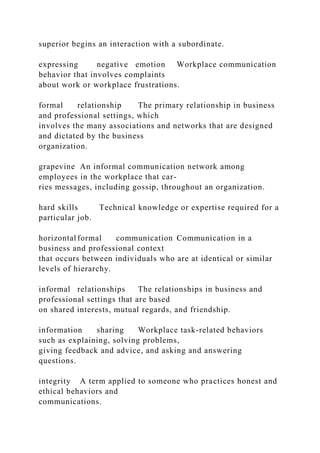 superior begins an interaction with a subordinate.
expressing negative emotion Workplace communication
behavior that involves complaints
about work or workplace frustrations.
formal relationship The primary relationship in business
and professional settings, which
involves the many associations and networks that are designed
and dictated by the business
organization.
grapevine An informal communication network among
employees in the workplace that car-
ries messages, including gossip, throughout an organization.
hard skills Technical knowledge or expertise required for a
particular job.
horizontal formal communication Communication in a
business and professional context
that occurs between individuals who are at identical or similar
levels of hierarchy.
informal relationships The relationships in business and
professional settings that are based
on shared interests, mutual regards, and friendship.
information sharing Workplace task-related behaviors
such as explaining, solving problems,
giving feedback and advice, and asking and answering
questions.
integrity A term applied to someone who practices honest and
ethical behaviors and
communications.
 