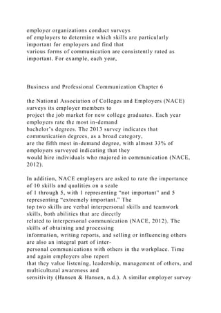 employer organizations conduct surveys
of employers to determine which skills are particularly
important for employers and find that
various forms of communication are consistently rated as
important. For example, each year,
Business and Professional Communication Chapter 6
the National Association of Colleges and Employers (NACE)
surveys its employer members to
project the job market for new college graduates. Each year
employers rate the most in-demand
bachelor’s degrees. The 2013 survey indicates that
communication degrees, as a broad category,
are the fifth most in-demand degree, with almost 33% of
employers surveyed indicating that they
would hire individuals who majored in communication (NACE,
2012).
In addition, NACE employers are asked to rate the importance
of 10 skills and qualities on a scale
of 1 through 5, with 1 representing “not important” and 5
representing “extremely important.” The
top two skills are verbal interpersonal skills and teamwork
skills, both abilities that are directly
related to interpersonal communication (NACE, 2012). The
skills of obtaining and processing
information, writing reports, and selling or influencing others
are also an integral part of inter-
personal communications with others in the workplace. Time
and again employers also report
that they value listening, leadership, management of others, and
multicultural awareness and
sensitivity (Hansen & Hansen, n.d.). A similar employer survey
 
