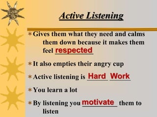 Active Listening
Gives them what they need and calms
them down because it makes them
feel ___________
It also empties their angry cup
Active listening is ______ ______
You learn a lot
By listening you __________ them to
listen
respected
Hard Work
motivate
 