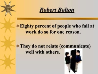 Robert Bolton
Eighty percent of people who fail at
work do so for one reason.
They do not relate (communicate)
well with others.
 