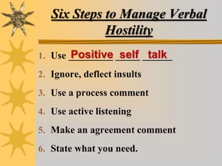 Six Steps to Manage Verbal
Hostility
1. Use _________ _____ ______
2. Ignore, deflect insults
3. Use a process comment
4. Use active listening
5. Make an agreement comment
6. State what you need.
Positive self talk
 