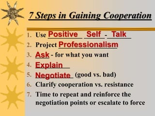 7 Steps in Gaining Cooperation
1. Use __________ ______-_______
2. Project _________________
3. ____ - for what you want
4. __________
5. ___________ (good vs. bad)
6. Clarify cooperation vs. resistance
7. Time to repeat and reinforce the
negotiation points or escalate to force
Positive Self Talk
Professionalism
Ask
Explain
Negotiate
 