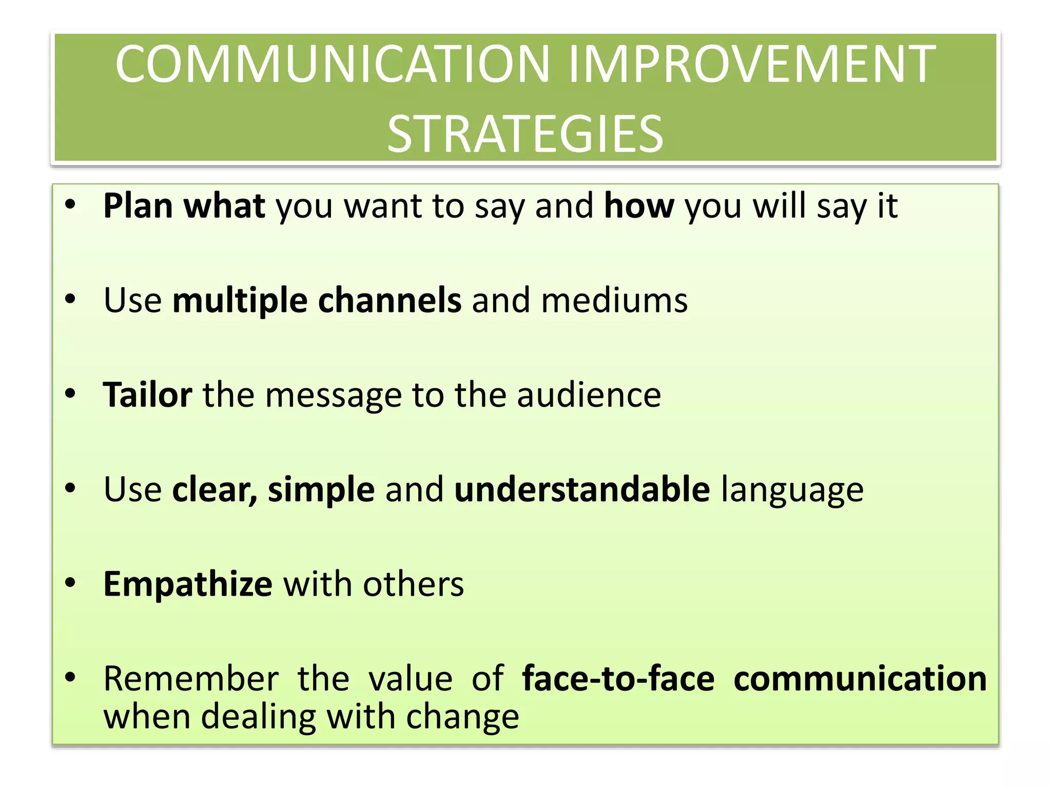 COMMUNICATION IMPROVEMENT 
STRATEGIES 
• Plan what you want to say and how you will say it 
• Use multiple channels and mediums 
• Tailor the message to the audience 
• Use clear, simple and understandable language 
• Empathize with others 
• Remember the value of face-to-face communication 
when dealing with change 
 