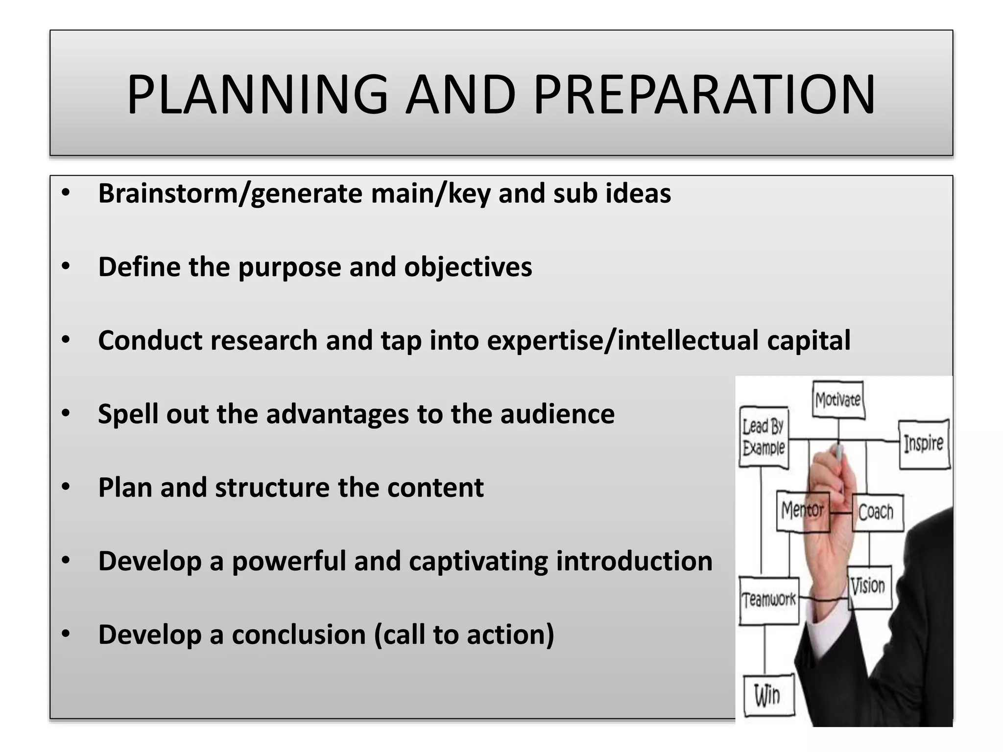 PLANNING AND PREPARATION 
• Brainstorm/generate main/key and sub ideas 
• Define the purpose and objectives 
• Conduct research and tap into expertise/intellectual capital 
• Spell out the advantages to the audience 
• Plan and structure the content 
• Develop a powerful and captivating introduction 
• Develop a conclusion (call to action) 
 