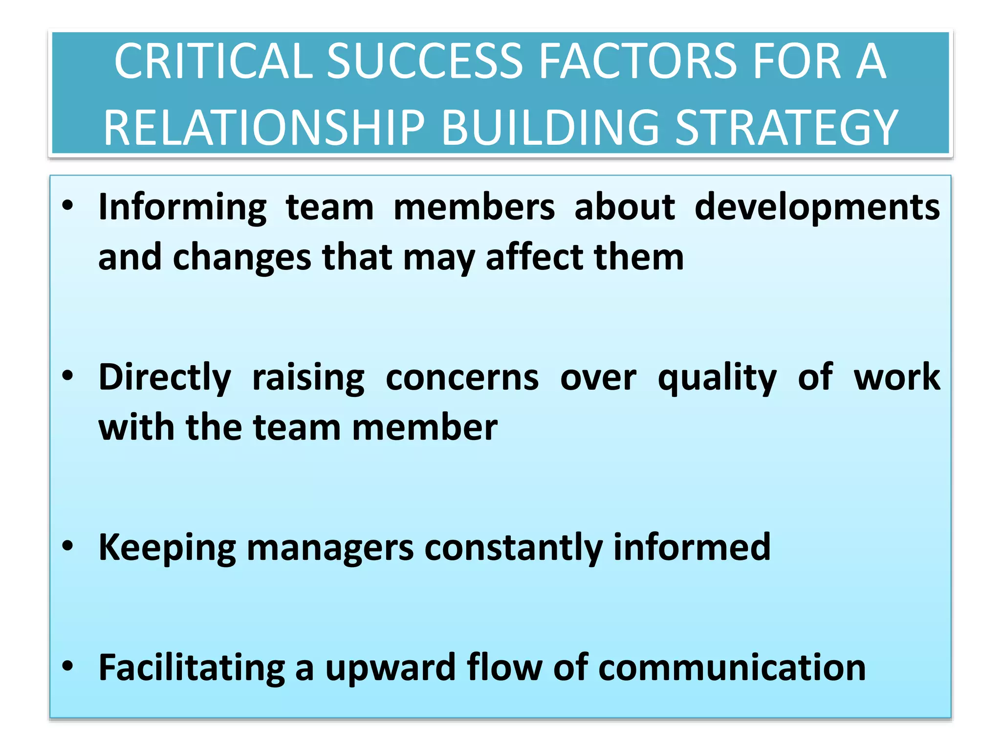CRITICAL SUCCESS FACTORS FOR A
RELATIONSHIP BUILDING STRATEGY
• Informing team members about developments
and changes that may affect them
• Directly raising concerns over quality of work
with the team member
• Keeping managers constantly informed
• Facilitating a upward flow of communication
 