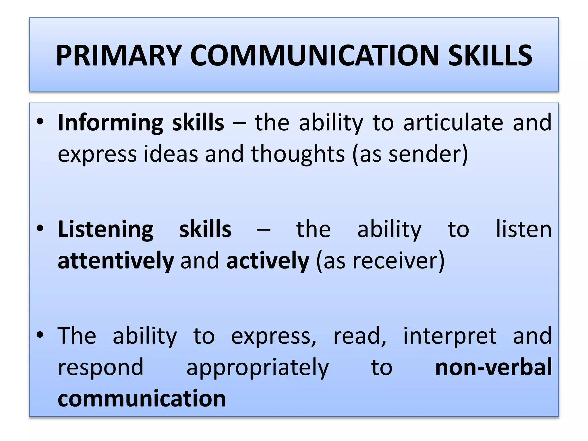 PRIMARY COMMUNICATION SKILLS
• Informing skills – the ability to articulate and
express ideas and thoughts (as sender)
• Listening skills – the ability to listen
attentively and actively (as receiver)
• The ability to express, read, interpret and
respond appropriately to non-verbal
communication
 