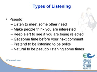 Types of Listening

• Pseudo    
  – Listen to meet some other need
  – Make people think you are interested
  – Keep alert to see if you are being rejected
  – Get some time before your next comment
  – Pretend to be listening to be polite
  – Natural to be pseudo listening some times
 