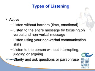 Types of Listening


• Active
  – Listen without barriers (time, emotional)
  – Listen to the entire message by focusing on
    verbal and non-verbal message
  – Listen using your non-verbal communication
    skills
  – Listen to the person without interrupting,
    judging or arguing
  – Clarify and ask questions or paraphrase
 