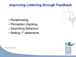 Improving Listening through Feedback



– Paraphrasing
– Perception checking
– Describing behaviour
– Making “I” statements
 