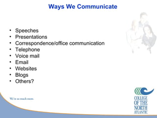 Ways We Communicate


•   Speeches
•   Presentations
•   Correspondence/office communication
•   Telephone
•   Voice mail
•   Email
•   Websites
•   Blogs
•   Others?
 