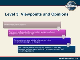 Level 3: Viewpoints and Opinions

Third level of Communication



      Also known as Evaluative Communication; give personal views
      and opinions about a specific topic


            Extremely comfortable with the other person in the
            conversation; can agree to disagree


                  Use critical & creative thinking; pay attention to your body
                  language and tone; avoid cautionary language, sarcasm, and
                  nonverbal put-downs
 