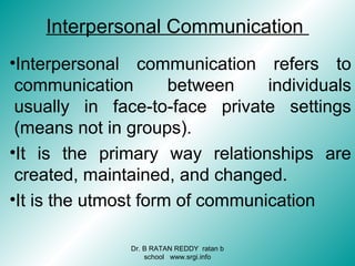 Interpersonal Communication
•Interpersonal communication refers to
communication between individuals
usually in face-to-face private settings
(means not in groups).
•It is the primary way relationships are
created, maintained, and changed.
•It is the utmost form of communication
Dr. B RATAN REDDY ratan b
school www.srgi.info
 