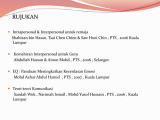 RUJUKAN
 Intrapersonal & Interpersonal untuk remaja
Shahizan bin Hasan, Tsai Chen Chien & Saw Hooi Chin , PTS , 2006 Kuala
Lumpur
 Kemahiran Interpersonal untuk Guru
Abdullah Hassan & Ainon Mohd , PTS , 2006 , Selangor
 EQ : Panduan Meningkatkan Kecerdasan Emosi
Mohd Azhar Abdul Hamid , PTS , 2007 , Kuala Lumpur
 Teori-teori Komunikasi
Saodah Wok , Narimah Ismail , Mohd Yusof Hussain , PTS , 2006 , Kuala
Lumpur
 