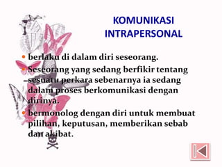 KOMUNIKASI
INTRAPERSONAL
 berlaku di dalam diri seseorang.
 Seseorang yang sedang berfikir tentang
sesuatu perkara sebenarnya ia sedang
dalam proses berkomunikasi dengan
dirinya.
 bermonolog dengan diri untuk membuat
pilihan, keputusan, memberikan sebab
dan akibat.
 
