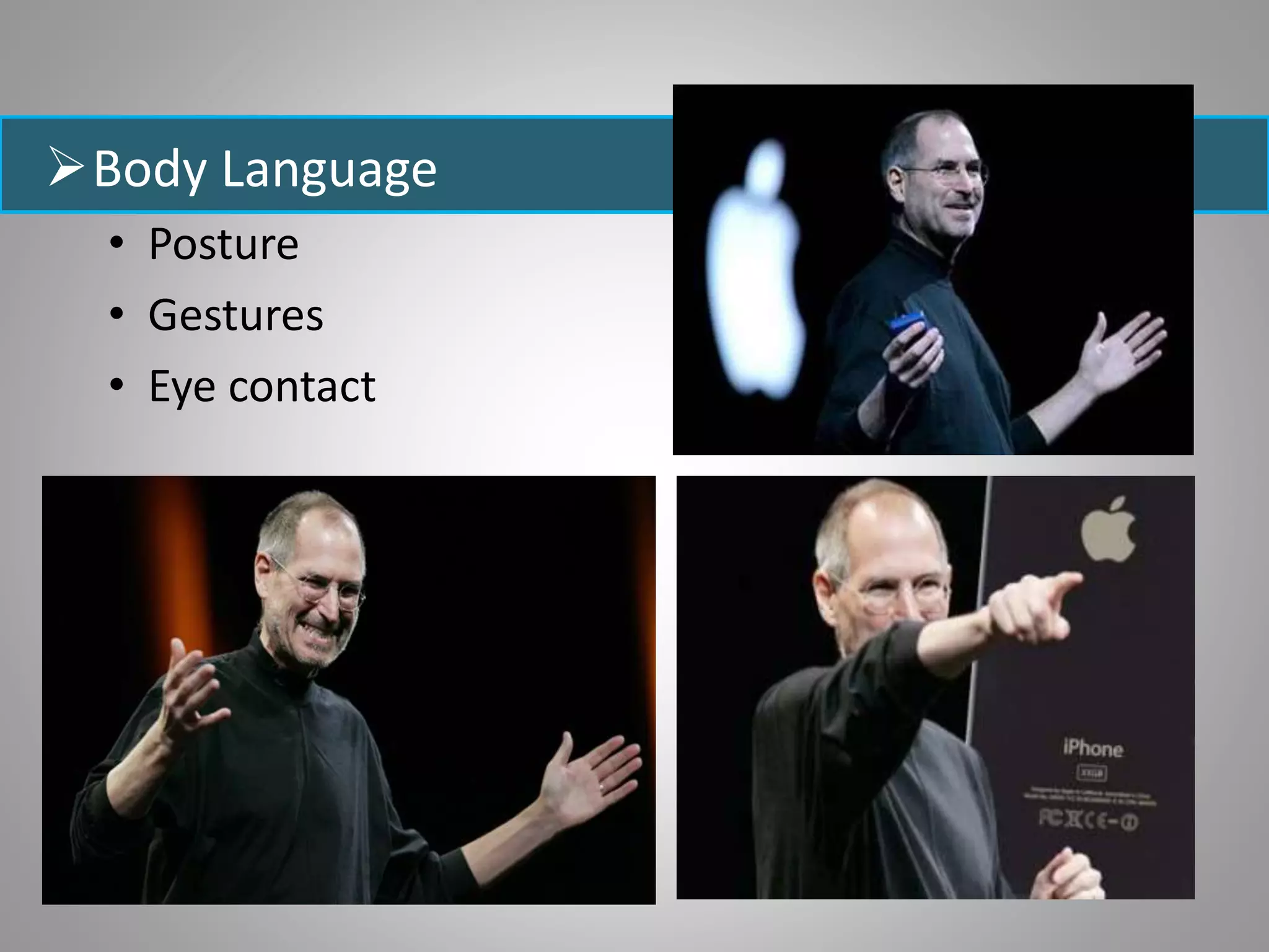 Body Language
• Posture
• Gestures
• Eye contact
 