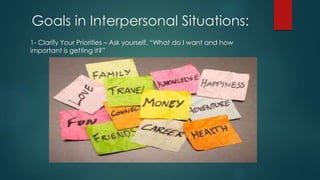 Goals in Interpersonal Situations:
1- Clarify Your Priorities – Ask yourself, “What do I want and how
important is getting it?”
 