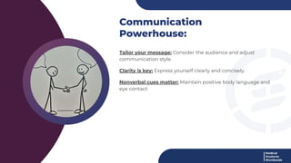 Communication
Powerhouse:
Tailor your message: Consider the audience and adjust
communication style.
Clarity is key: Express yourself clearly and concisely.
Nonverbal cues matter: Maintain positive body language and
eye contact
 