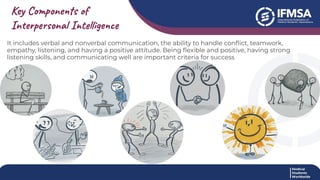 Key Components of
Interpersonal Intelligence
It includes verbal and nonverbal communication, the ability to handle conﬂict, teamwork,
empathy, listening, and having a positive attitude. Being ﬂexible and positive, having strong
listening skills, and communicating well are important criteria for success
 