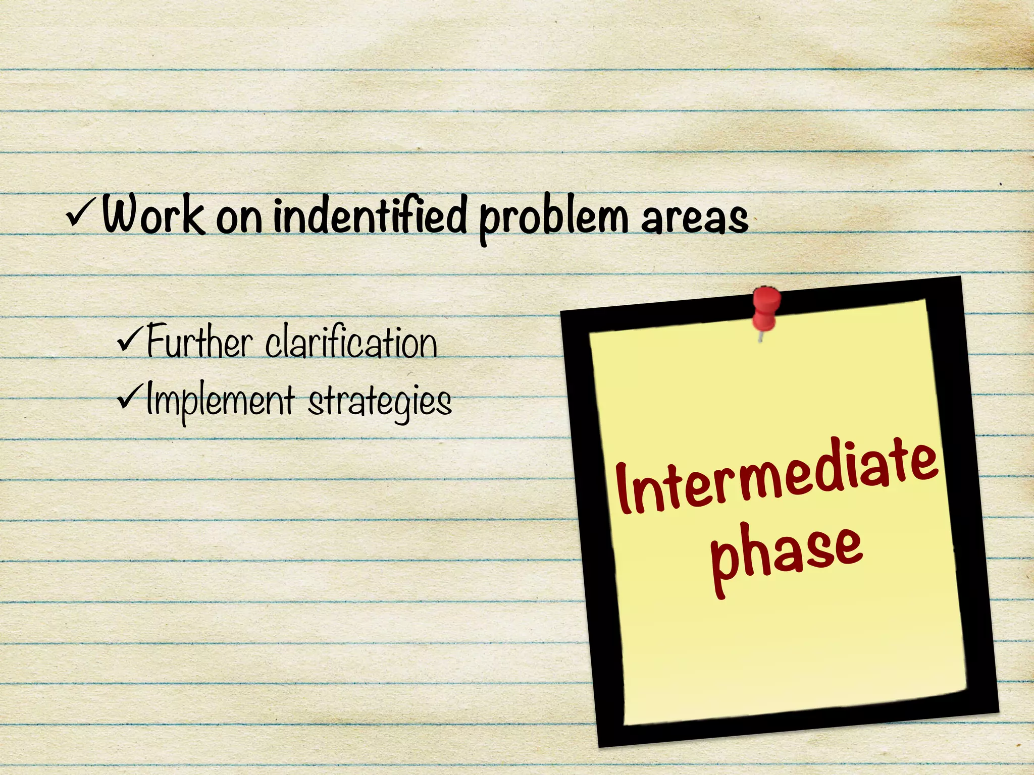 ü Work on indentified problem areas

ü Further clarification
ü Implement strategies
Intermediate
phase
 