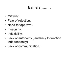 Barriers………
• Mistrust
• Fear of rejection.
• Need for approval.
• Insecurity.
• Inflexibility.
• Lack of autonomy.(tendency to function
independently)
• Lack of communication.
 