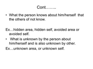 Cont……..
• What the person knows about him/herself that
the others of not know.
Ex…hidden area, hidden self, avoided area or
avoided self.
• What is unknown by the person about
him/herself and is also unknown by other.
Ex…unknown area, or unknown self.
 