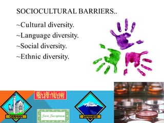SOCIOCULTURAL BARRIERS..
~Cultural diversity.
~Language diversity.
~Social diversity.
~Ethnic diversity.
 