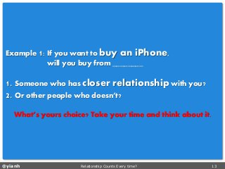 @yianh Relationship Counts Every time? 13 
Example 1: If you want to buy an iPhone, 
will you buy from ________ 
1. Someone who has closer relationshipwith you? 
2. Or other people who doesn’t? 
What’s yours choice? Take your time and think about it.  