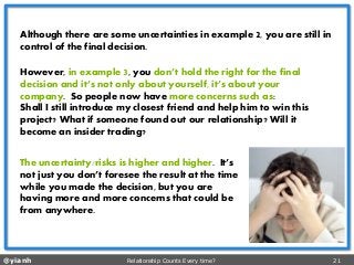 @yianh Relationship Counts Every time? 21 
Although there are some uncertainties in example 2, you are still in control of the final decision. 
However, in example 3, you don’t hold the right for the final decision and it’s not only about yourself, it’s about your company. So people now have more concerns such as: 
Shall I still introduce my closest friend and help him to win this project? What if someone found out our relationship? Will it become an insider trading? 
The uncertainty/risks is higher and higher. It’s not just you don’t foresee the result at the time while you made the decision, but you are having more and more concerns that could be from anywhere.  