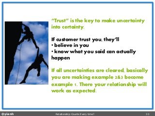 @yianh Relationship Counts Every time? 33 
“Trust” is the key to make uncertainty into certainty. 
If customer trust you, they’ll 
•believe in you 
•know what you said can actually happen 
If all uncertainties are cleared, basically you are making example 2&3become example 1. There your relationship will work as expected.  
