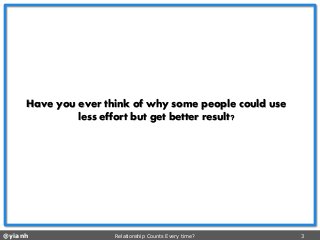 @yianh Relationship Counts Every time? 3 
Have you ever think of why some people could use less effort but get better result?  