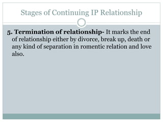 Stages of Continuing IP Relationship
5. Termination of relationship- It marks the end
of relationship either by divorce, break up, death or
any kind of separation in romentic relation and love
also.
 
