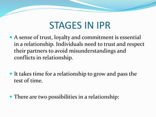 STAGES IN IPR
 A sense of trust, loyalty and commitment is essential
in a relationship. Individuals need to trust and respect
their partners to avoid misunderstandings and
conflicts in relationship.
 It takes time for a relationship to grow and pass the
test of time.
 There are two possibilities in a relationship:
 