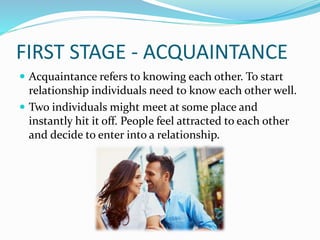 FIRST STAGE - ACQUAINTANCE
 Acquaintance refers to knowing each other. To start
relationship individuals need to know each other well.
 Two individuals might meet at some place and
instantly hit it off. People feel attracted to each other
and decide to enter into a relationship.
 