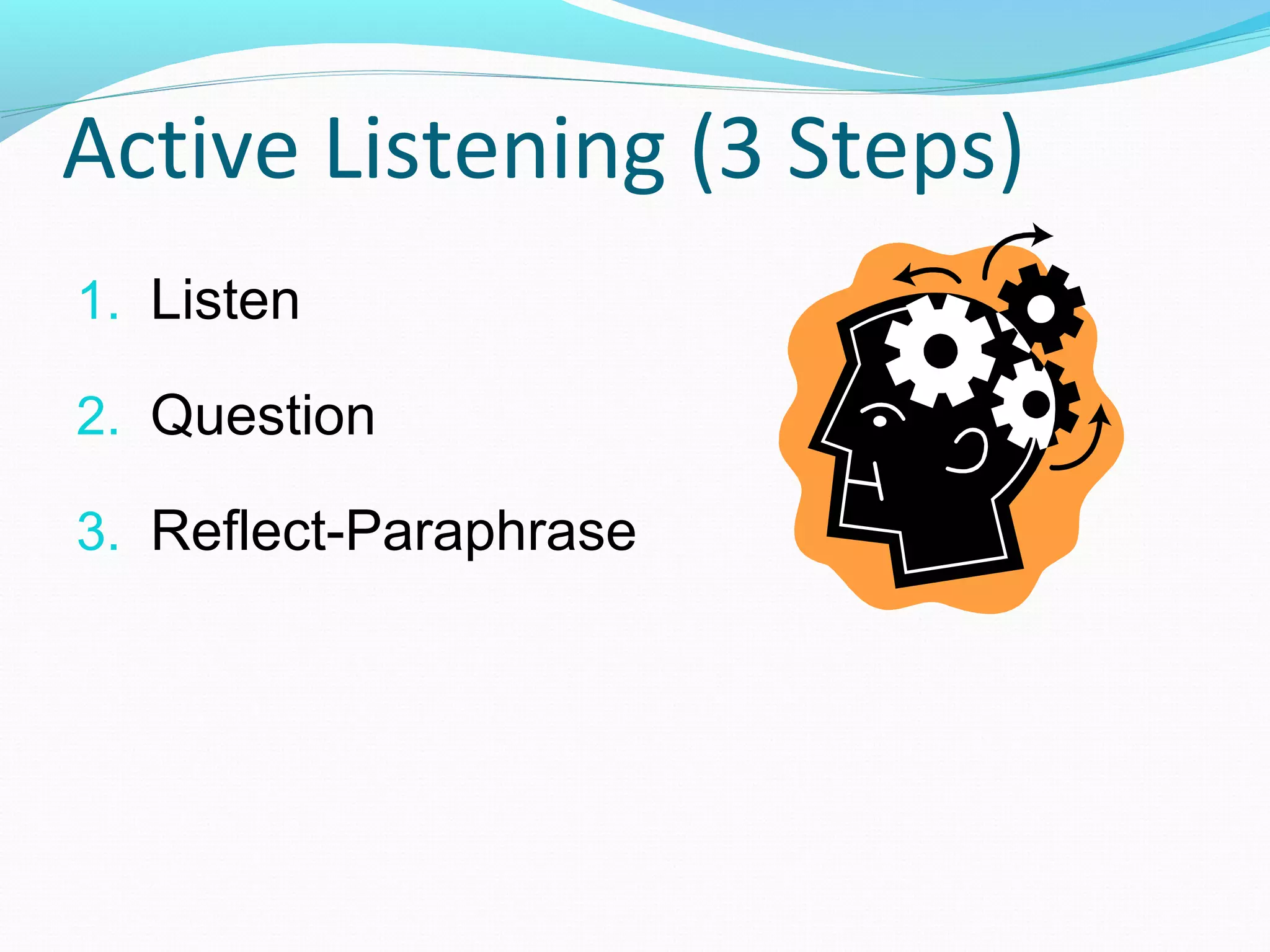 Active Listening (3 Steps)
1. Listen
2. Question
3. Reflect-Paraphrase
 