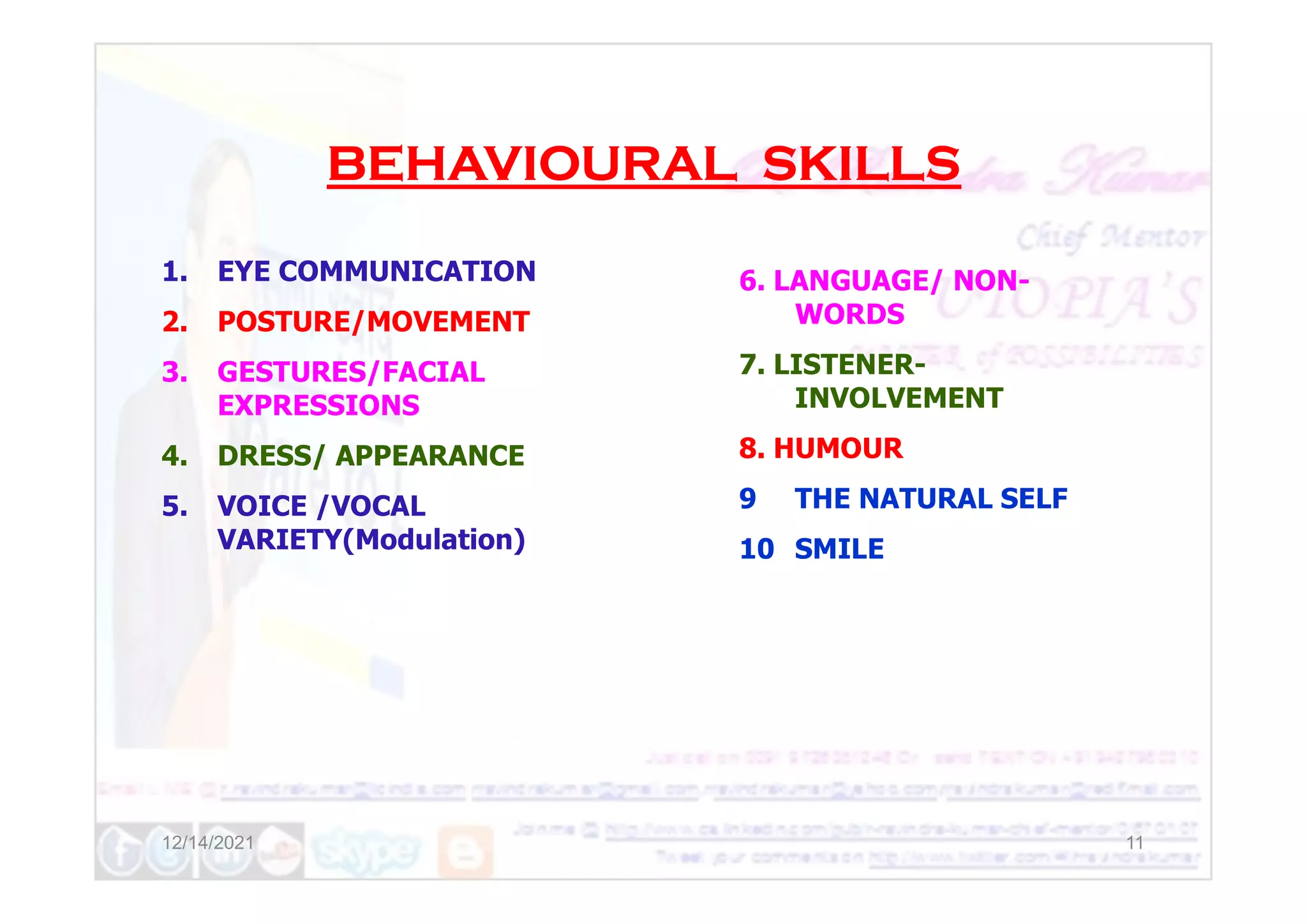 BEHAVIOURAL SKILLS
1. EYE COMMUNICATION
2. POSTURE/MOVEMENT
3. GESTURES/FACIAL
EXPRESSIONS
4. DRESS/ APPEARANCE
6. LANGUAGE/ NON-
WORDS
7. LISTENER-
INVOLVEMENT
8. HUMOUR
12/14/2021 11
4. DRESS/ APPEARANCE
5. VOICE /VOCAL
VARIETY(Modulation)
8. HUMOUR
9 THE NATURAL SELF
10 SMILE
 