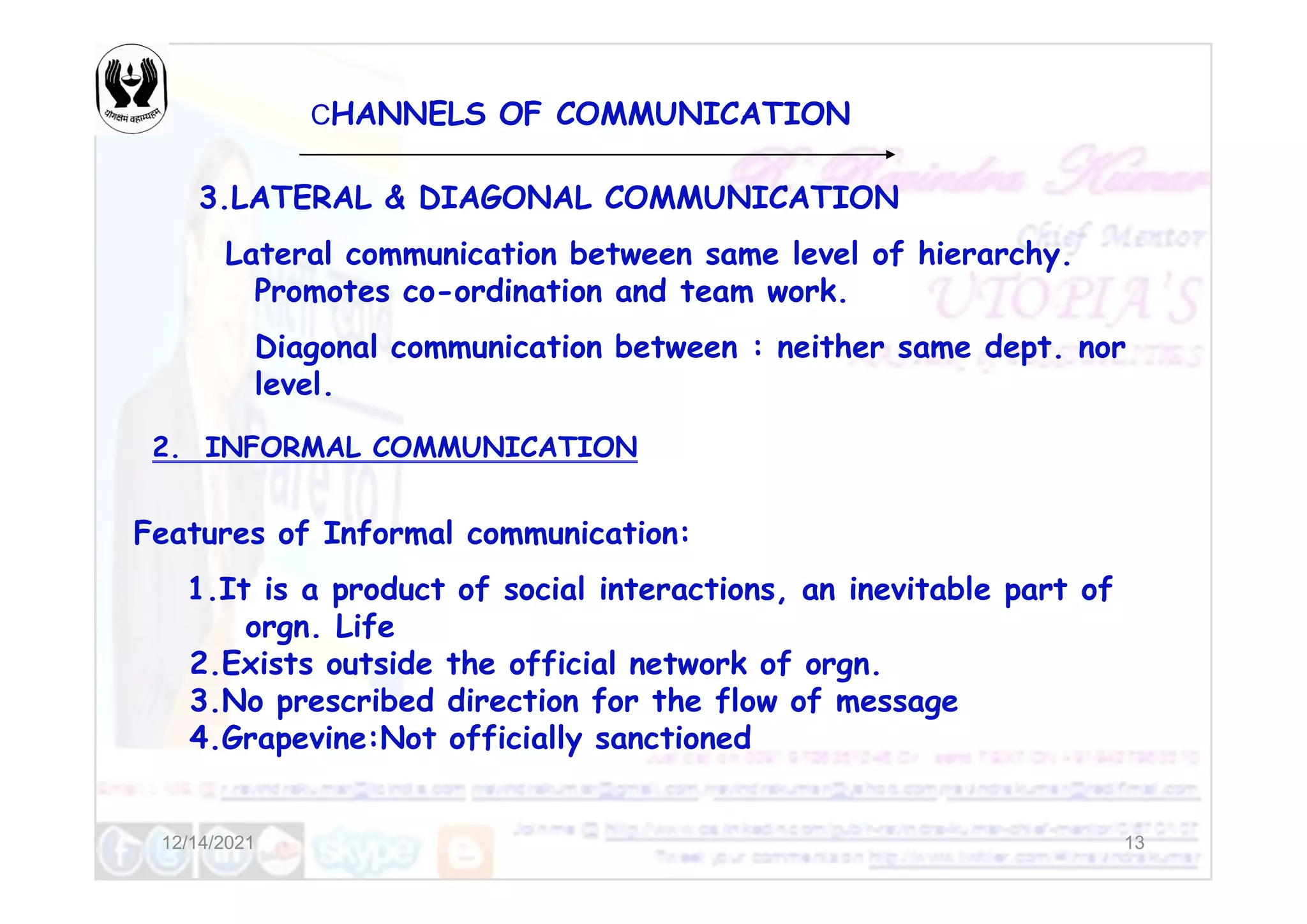 CHANNELS OF COMMUNICATION
3.LATERAL & DIAGONAL COMMUNICATION
Lateral communication between same level of hierarchy.
Promotes co-ordination and team work.
Diagonal communication between : neither same dept. nor
level.
2. INFORMAL COMMUNICATION
12/14/2021 13
2. INFORMAL COMMUNICATION
Features of Informal communication:
1.It is a product of social interactions, an inevitable part of
orgn. Life
2.Exists outside the official network of orgn.
3.No prescribed direction for the flow of message
4.Grapevine:Not officially sanctioned
 