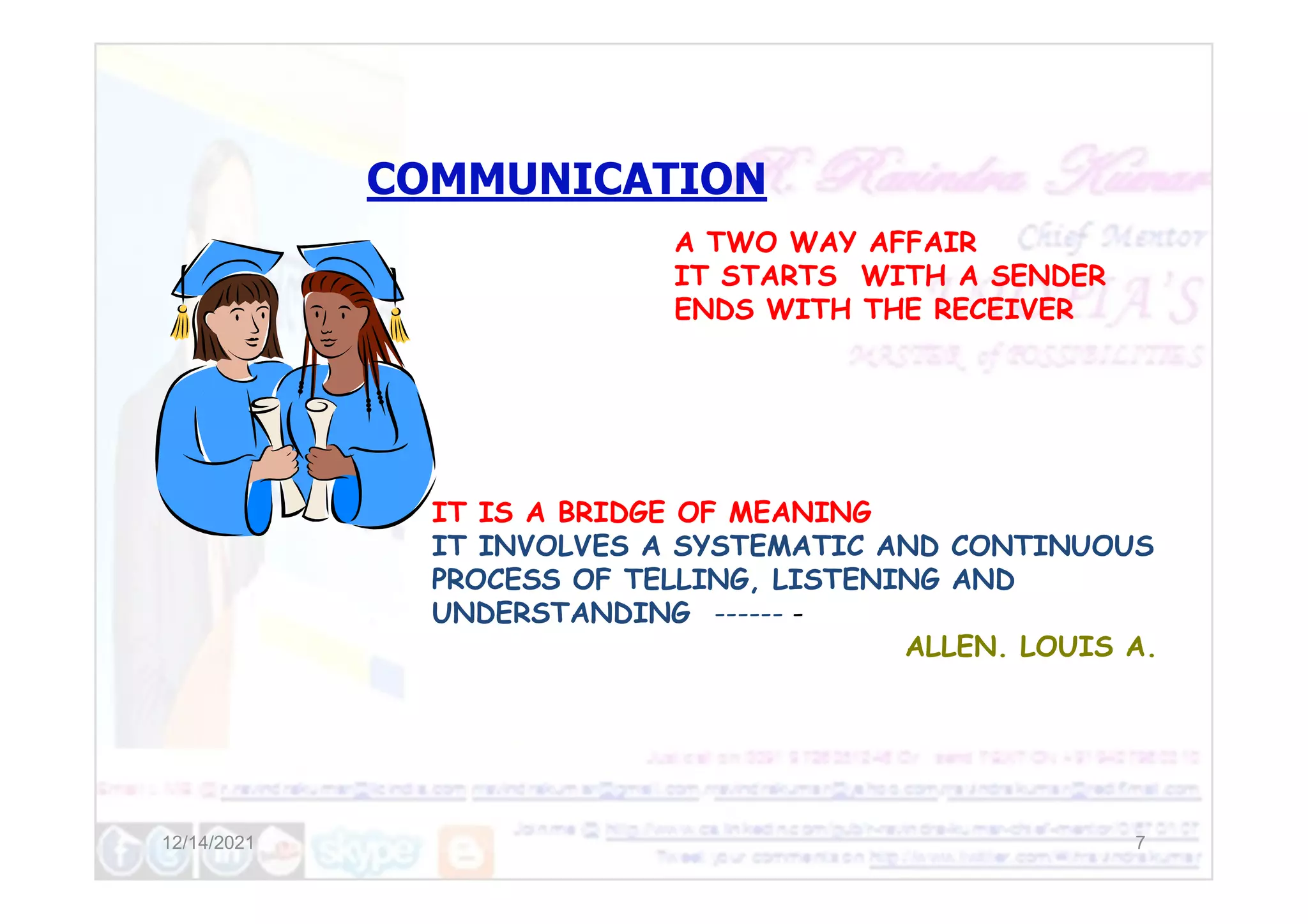 COMMUNICATION
A TWO WAY AFFAIR
IT STARTS WITH A SENDER
ENDS WITH THE RECEIVER
12/14/2021 7
IT IS A BRIDGE OF MEANING
IT INVOLVES A SYSTEMATIC AND CONTINUOUS
PROCESS OF TELLING, LISTENING AND
UNDERSTANDING ------ -
ALLEN. LOUIS A.
 