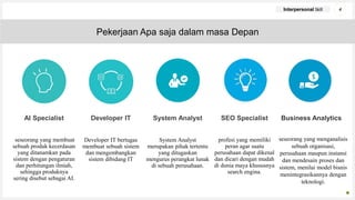 Your Logo or Name Here
AI Specialist
seseorang yang membuat
sebuah produk kecerdasan
yang ditanamkan pada
sistem dengan pengaturan
dan perhitungan ilmiah,
sehingga produknya
sering disebut sebagai AI.
Developer IT
Developer IT bertugas
membuat sebuah sistem
dan mengembangkan
sistem dibidang IT
System Analyst
System Analyst
merupakan pihak tertentu
yang ditugaskan
mengurus perangkat lunak
di sebuah perusahaan.
SEO Specialist
profesi yang memiliki
peran agar suatu
perusahaan dapat dikenal
dan dicari dengan mudah
di dunia maya khususnya
search engina.
Business Analytics
4
Interpersonal Skill
Pekerjaan Apa saja dalam masa Depan
seseorang yang menganalisis
sebuah organisasi,
perusahaan maupun instansi
dan mendesain proses dan
sistem, menilai model bisnis
menintegrasikannya dengan
teknologi.
 